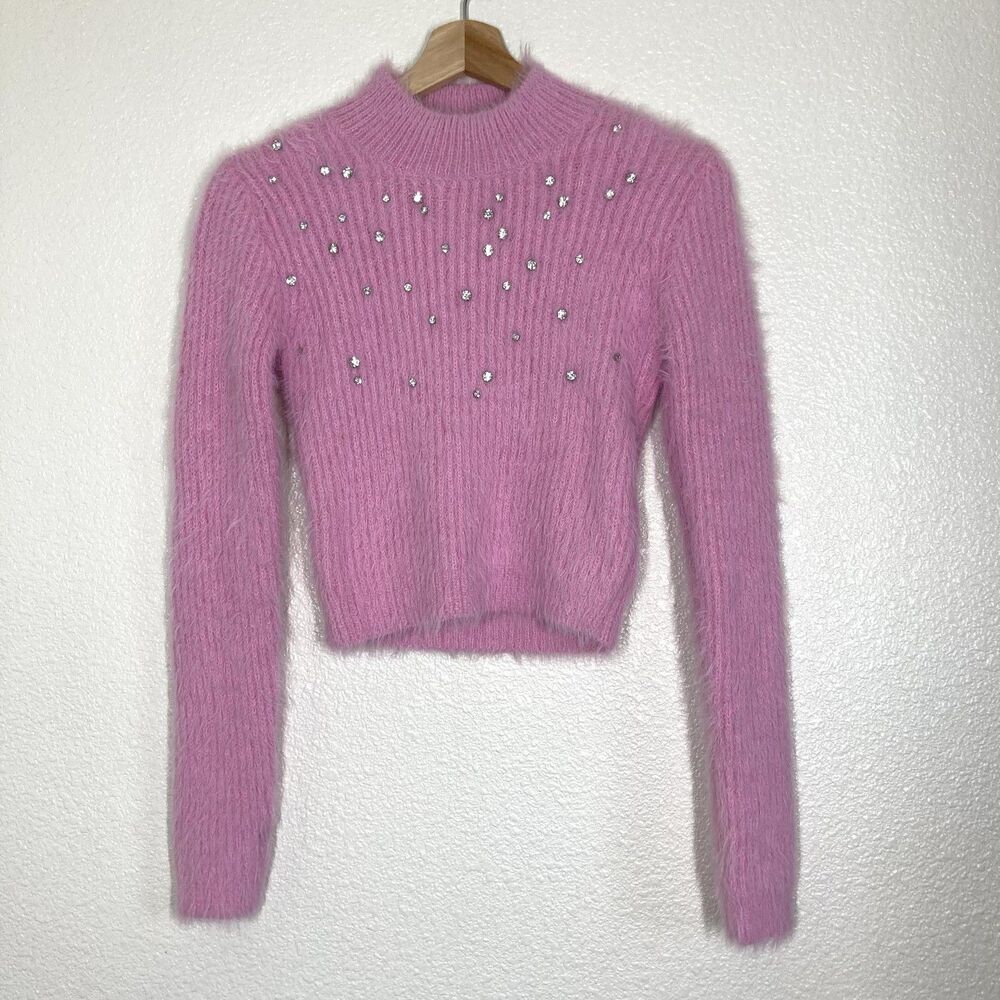 Zara Sweater Womens Medium Pink Fuzzy Rhinestone Mock Neck Cropped Pullover